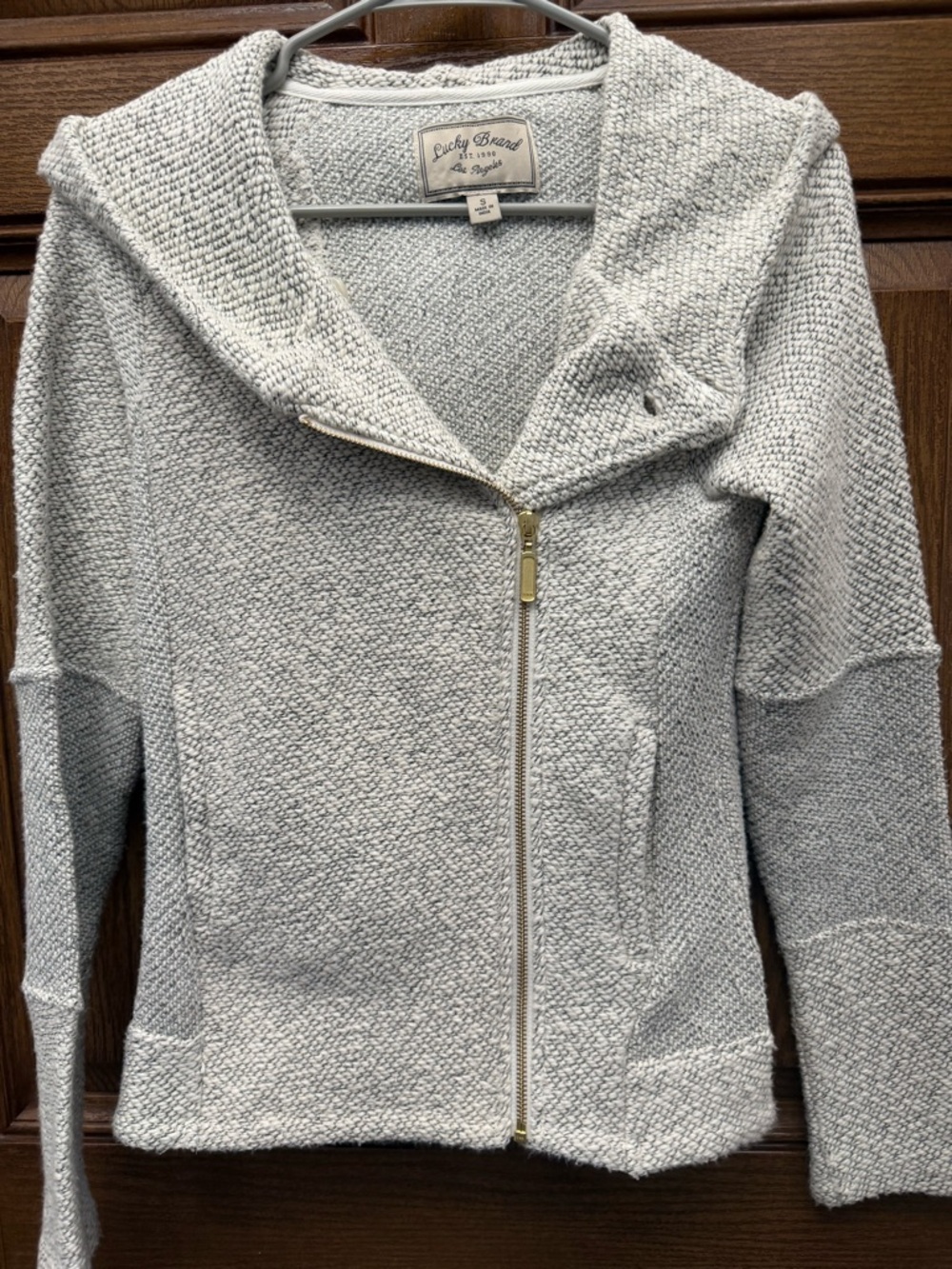Lucky Brand Light Gray Zip-Up Textured Hoodie with Gold Zipper